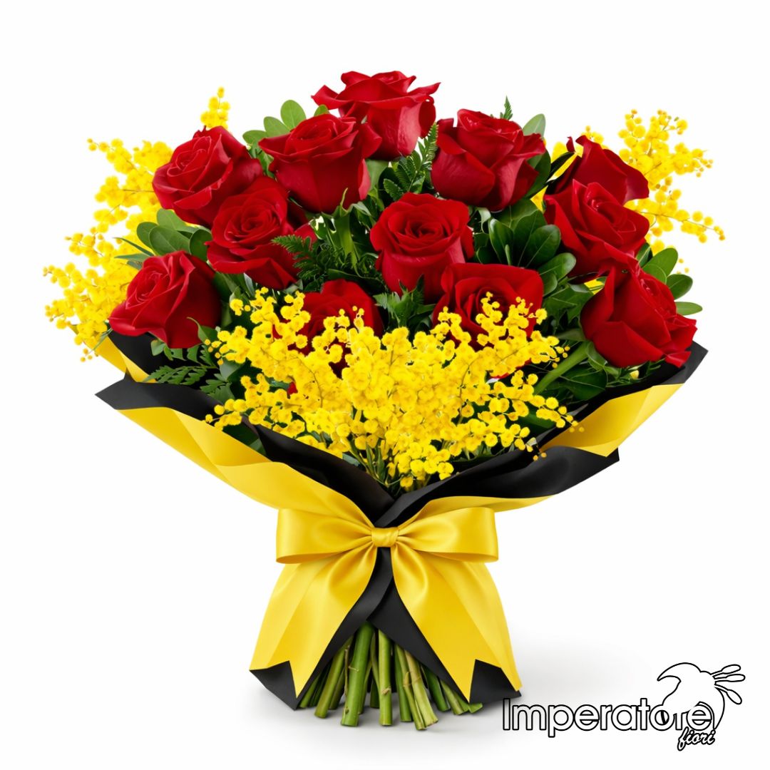 Bouquet con rose rosse e mimosa a domicilio Napoli