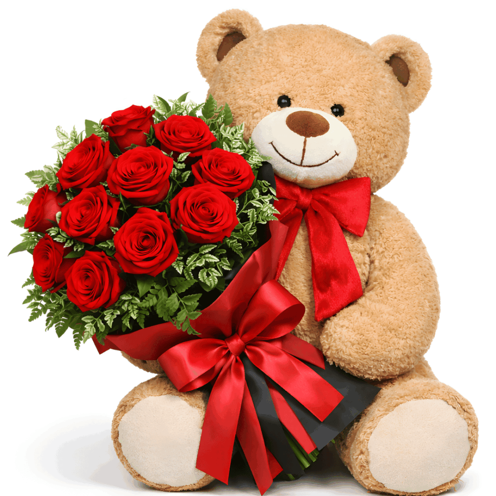 Rose rosse e orsetto per fidanzata